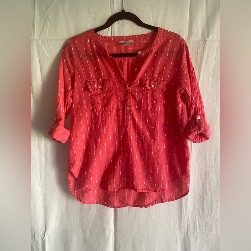 Loft half button down rolled sleeve pink and white top size Petite Medium